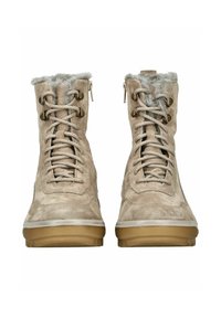 Botas de ante beige con un cuello de piel de color gris, cordones en la parte frontal y cremalleras laterales. Las suelas de goma proporcionan tracción y durabilidad.