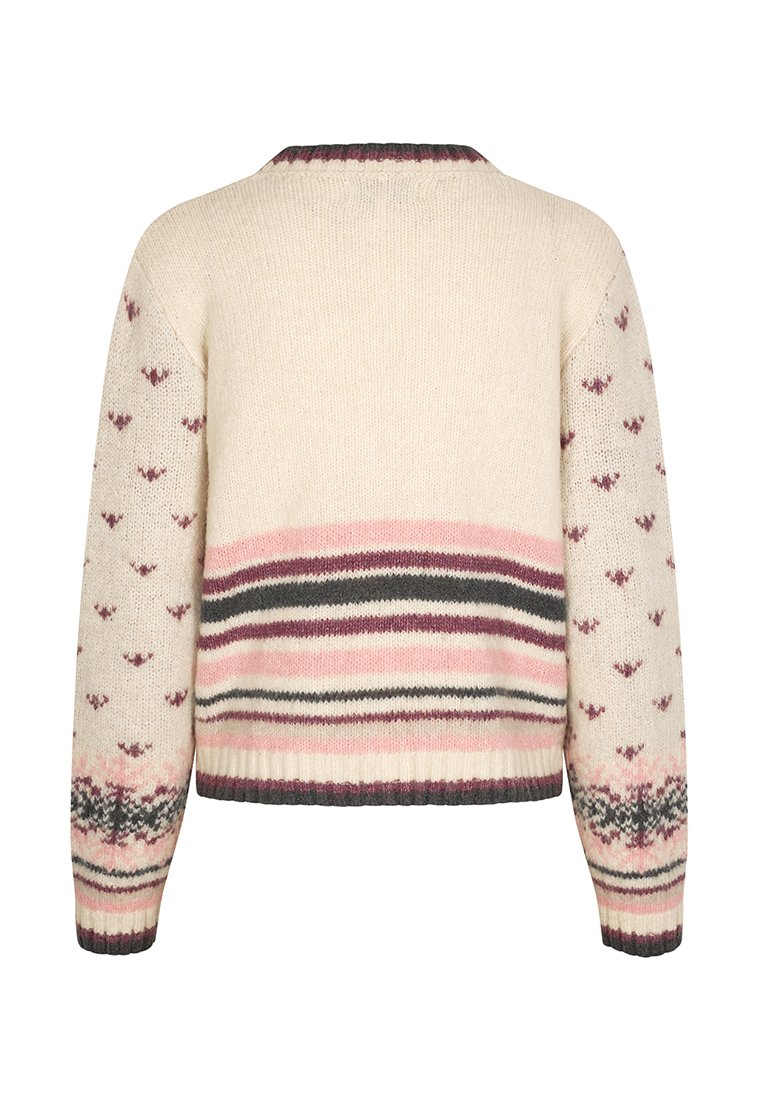 Maglione lavorato a maglia color crema con scollatura tonda. Presenta strisce orizzontali rosa e grigie e un motivo sui maniche.