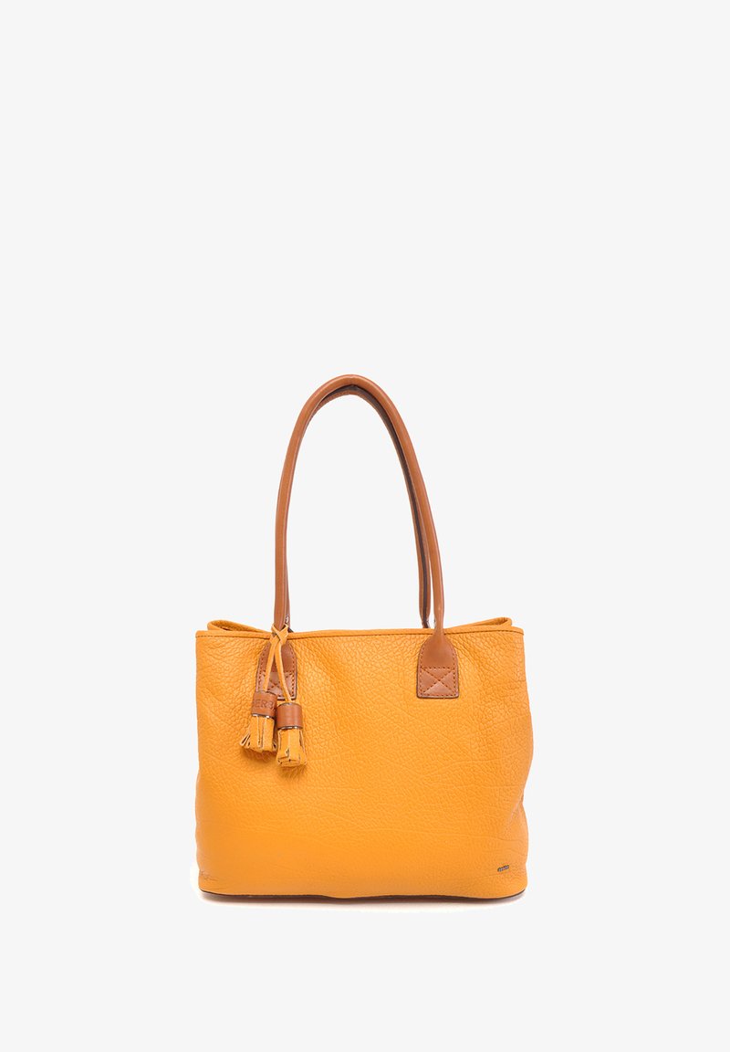 Gele leren tote bag met een gestructureerd oppervlak, voorzien van bruine leren accenten en franjes. Twee stevige handvatten om te dragen.