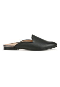 Black slip-on shoe with a rounded toe, textured leather upper, and a low flat sole. Features a minimalistic design with no visible hardware.
