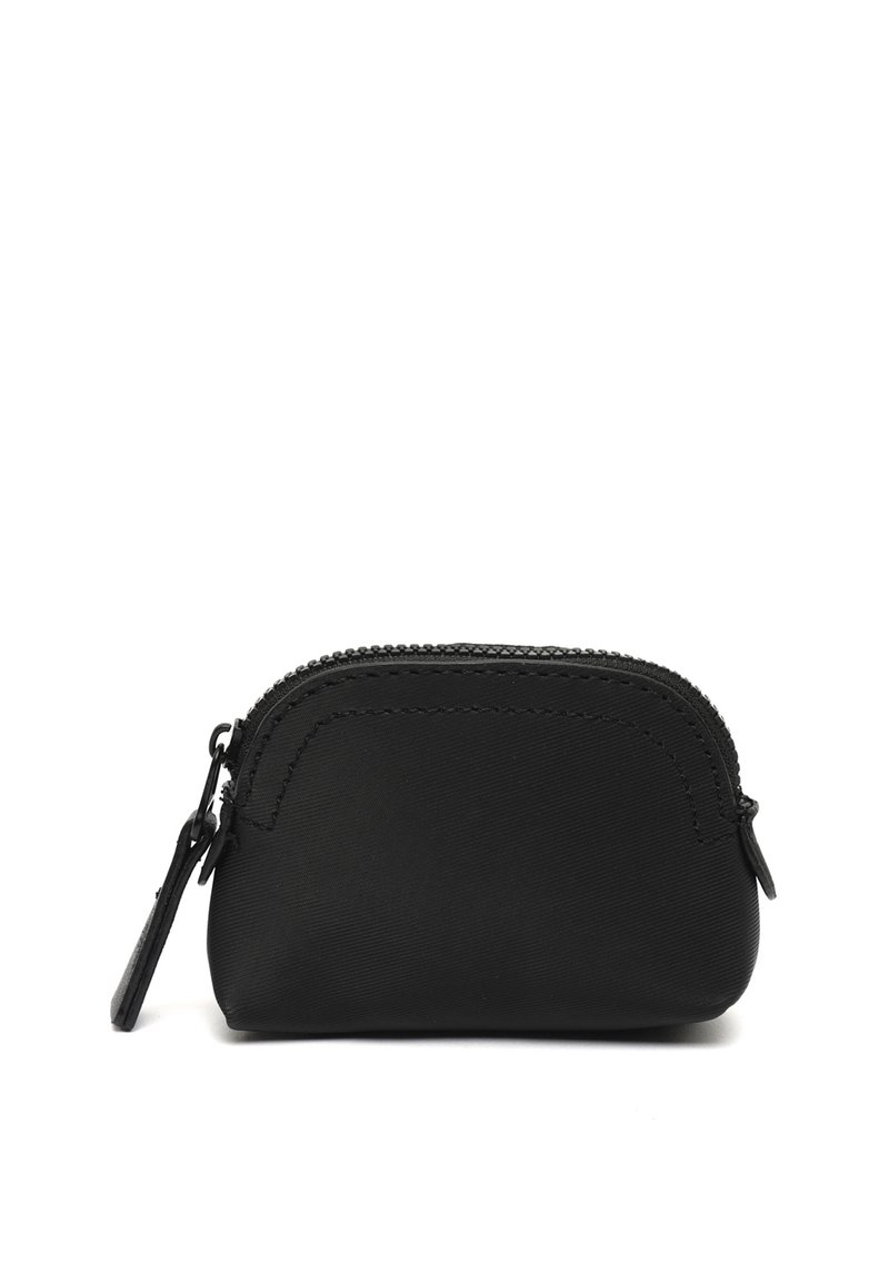 Black zippered pouch made of smooth material, oval shape, featuring subtle stitching detail and a small loop for attachment.