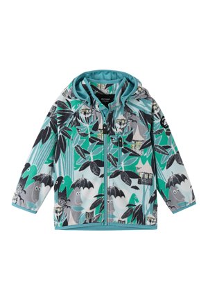 Children's fleece jacket in blue and green, featuring a playful pattern of characters with umbrellas and leaves. Full zip with a hood.