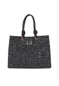 Tkaná černá kabelka s vícebarevnými tečkami, dvojitými černými uchy a kovovým akcentem se znakem "M". Texturovaný povrch; obdélníkový tvar.