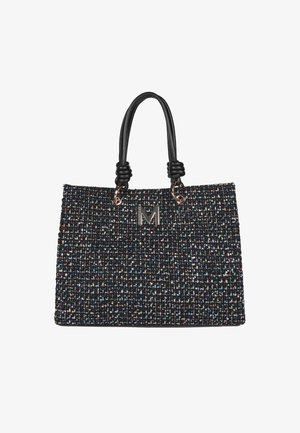 Bolso de mano negro tejido con manchas multicolores, asas dobles negras y acento metálico con el logo "M". Exterior texturizado; forma rectangular.