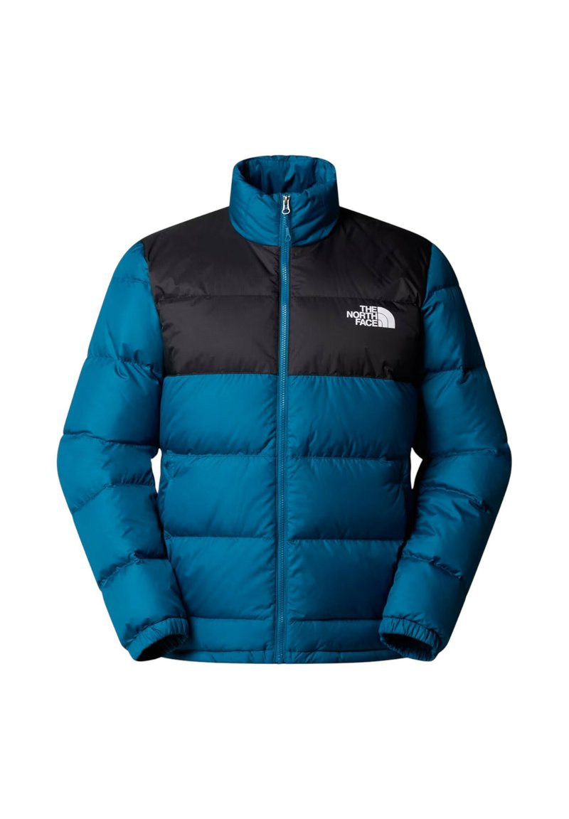 Blue and black insulated jacket with a high collar, horizontal quilted design, front zipper, and logo on the upper left side.
