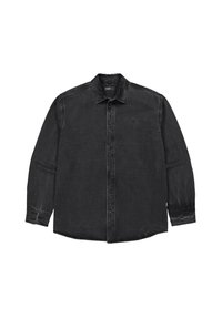 Zwarte denim shirt met knoopsluiting aan de voorkant, lange mouwen en een licht vervaagde textuur. Kraagontwerp met een gebogen zoom.