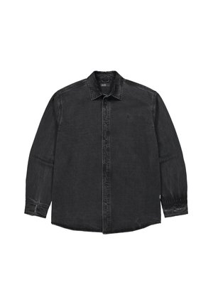 Black denim shirt featuring a button-down front, long sleeves, and a slightly faded texture. Collared design with a curved hem.