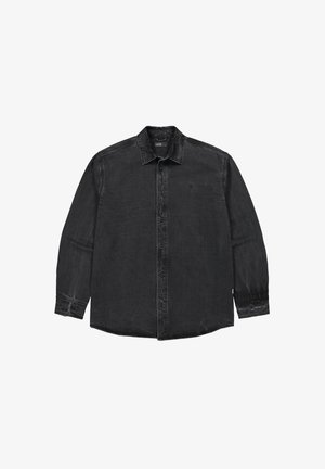 Zwarte denim shirt met knoopsluiting aan de voorkant, lange mouwen en een licht vervaagde textuur. Kraagontwerp met een gebogen zoom.