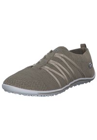 Gray mesh slip-on shoes with elastic laces, textured upper, and a rubber outsole featuring small traction grips for stability.