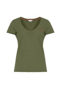 T-shirt verde oliva a V, maniche corte, in morbido cotone, con piccolo logo a contrasto sul lato sinistro del petto e interno del collo rosso.