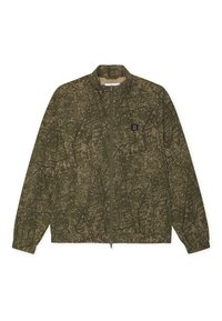 Olive green zip-up jacket with abstract dark patterned print, long sleeves, elastic cuffs, and small black patch with "II" on chest.