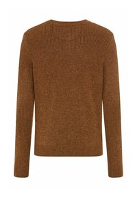 Brauner Strickpullover mit langen Ärmeln, strukturiertem Oberteil und glattem Körper. Mit Rundhalsausschnitt und gerippten Akzenten an den Bündchen.
