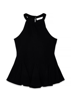 Svart halterneck-top med ett plisserat kjoldesign. Tillverkad av mjukt tyg, med rundad halsringning och knäppning baktill.