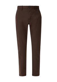 Pantalon marron droit avec passants pour ceinture, fermeture à boutons et poches avant, présenté sur un fond blanc.