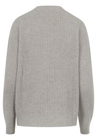 Pull gris en maille côtelée avec une coupe décontractée, manches longues et encolure ronde, offrant une texture douce et un design minimaliste.
