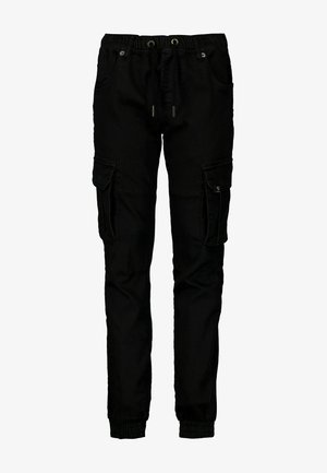 Pantalon cargo noir en tissu résistant, doté de poches latérales, d'une taille à cordon de serrage et de bas de jambes élastiqués pour une coupe fuselée.