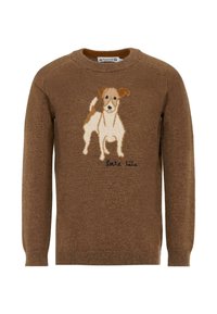 Brązowy sweter z miękkiego przędzy, z ozdobnym rysunkiem psa i napisem "Petite Ile" blisko dołu.