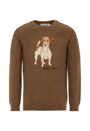 Brązowy sweter z miękkiego przędzy, z ozdobnym rysunkiem psa i napisem "Petite Ile" blisko dołu.
