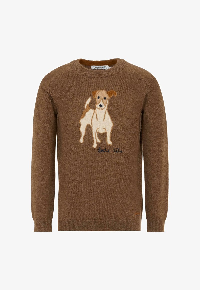 Maglione marrone realizzato in morbido tessuto a maglia, con un'illustrazione decorativa di un cane e il testo "Petite Ile" vicino all'orlo.