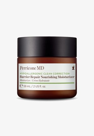 Braunes Glasgefäß mit einem schwarzen Deckel. Das Etikett zeigt grünen und weißen Text. Enthält 59 ml Barrier Repair Nourishing Moisturizer.