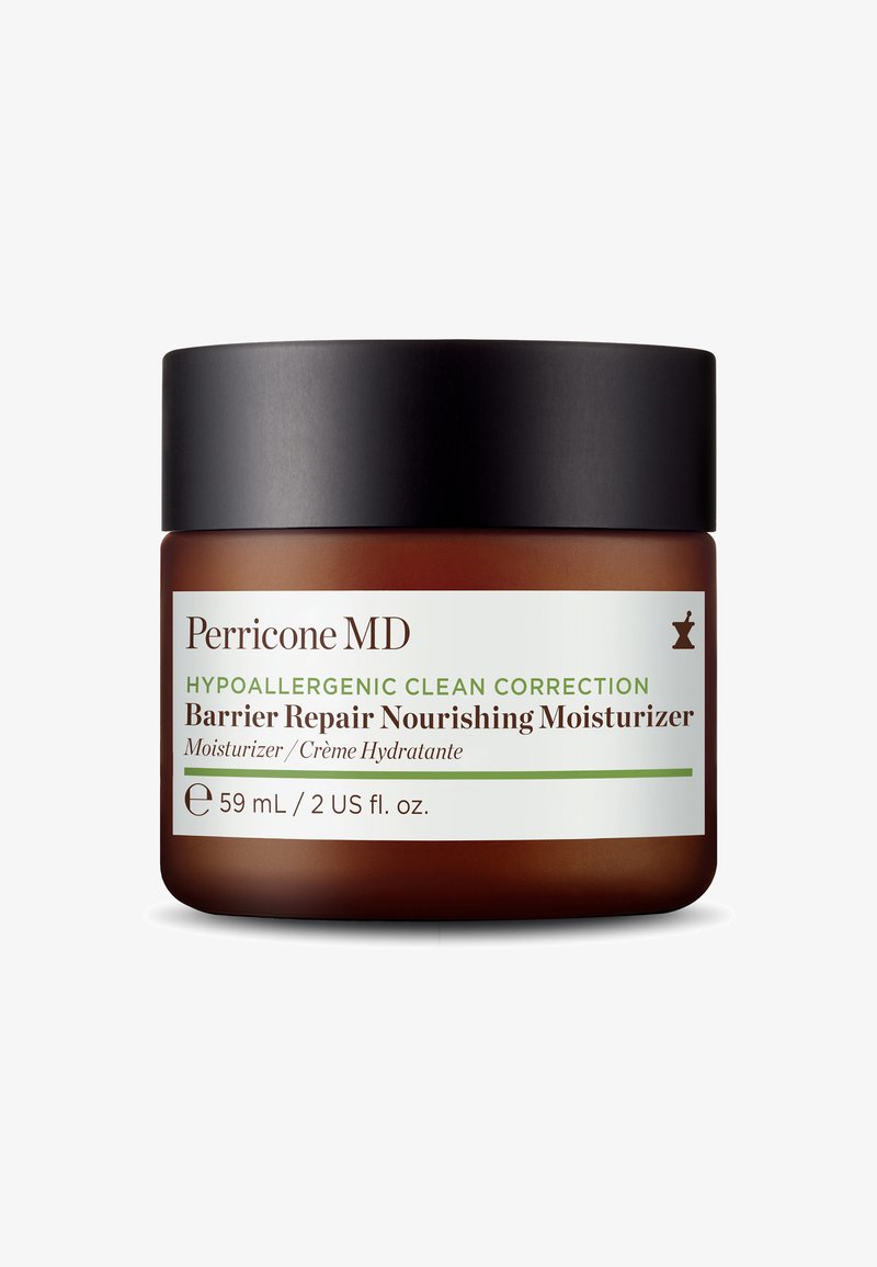 Braunes Glasgefäß mit einem schwarzen Deckel. Das Etikett zeigt grünen und weißen Text. Enthält 59 ml Barrier Repair Nourishing Moisturizer.