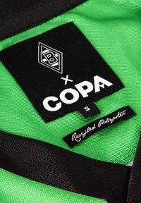 Groene sporttrui gemaakt van gerecycled polyester. Zwarte halslijn met merklabels: "COPA" in het wit, "Gerecycled Polyester" in cursief. Maat S.