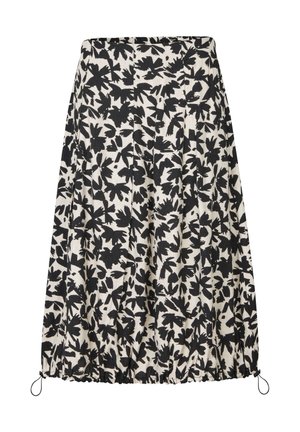 Czarna i biała spódnica w kwiatowy wzór z plisami i marszczonym dołem, wykonana z lekkiej tkaniny. Wyposażona w regulowane sznurki u dołu.