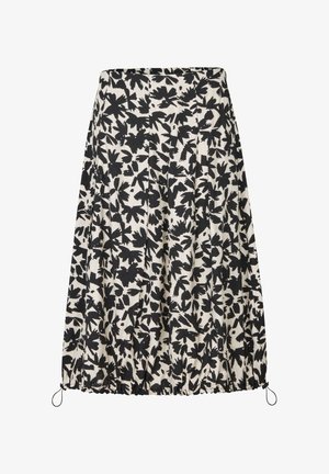 Czarna i biała spódnica w kwiatowy wzór z plisami i marszczonym dołem, wykonana z lekkiej tkaniny. Wyposażona w regulowane sznurki u dołu.