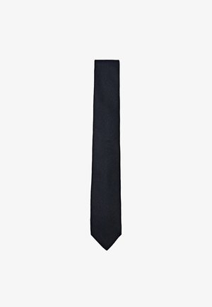 Dark navy tie with a textured fabric, slim design, and pointed tip. No patterns or accents are visible, providing a sleek appearance.