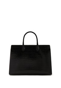 Schwarze Tasche aus krokodilprägtem Leder mit zwei runden Griffen, einer strukturierten Form und glänzender Oberfläche. Keine sichtbaren Beschläge oder Akzente.