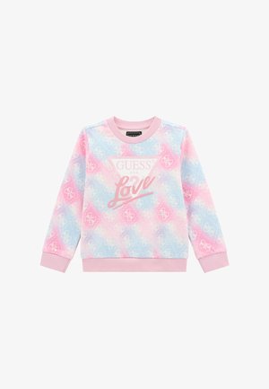 Felpa rosa e blu con un motivo geometrico, caratterizzata da un logo centrale bianco a forma di triangolo con "GUESS" e "Love" in testo rosa.