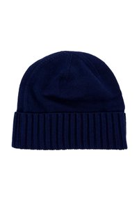 Tengerészkék kötött sapka, bordás hajtással, sima felülettel és lekerekített toppal. Ideális melegséget és kényelmet nyújt a hidegebb időjárásban.