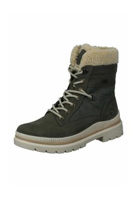 Bota de tobillo de cuero verde oscuro con cuello de piel sintética, cordones beige y suela de goma texturizada. Presenta costuras y detalles del logotipo.