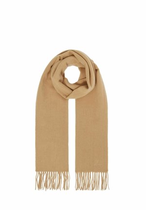 Vaaleanruskea huivi pehmeästä kankaasta, jossa on fringed-päät. Huivi on pitkä ja siinä on kiertyvä muoto, joka lisää rakennetta ja lämpöä.