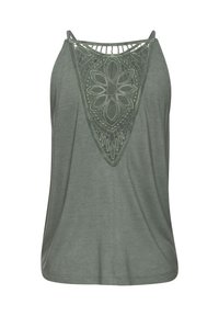 Grünes Tanktop mit lockerer Passform, das ein dekoratives Spitzen- und besticktes Design auf dem Rücken, dünne verstellbare Träger und eine weiche Textur aufweist.