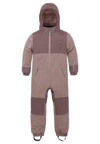 Isolierter, zweifarbiger Schneedanzug in hellen und dunklen Mauve-Tönen, ausgestattet mit einem Reißverschluss, verstellbarem Kapuze und zwei vorderen Reißverschlusstaschen. Elastische Bündchen und Fußriemen.