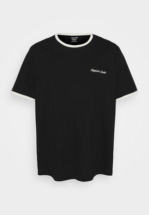 Sort bomulds-T-shirt med en cremefarvet ribbet halsudskæring og ærmekanter. T-shirten har hvid broderet tekst på brystet.