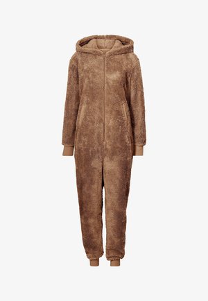 Brauner Teddy-Fleece-Einteiler mit Kapuze, Frontreißverschluss, seitlichen Taschen und gerippten Bündchen an Ärmeln und Knöcheln.