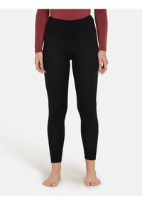 Svarta leggings gjorda av ett stretchigt, texturerat tyg med en hög, bred elastisk midja. Designen är åtsittande och sträcker sig ner till anklarna.