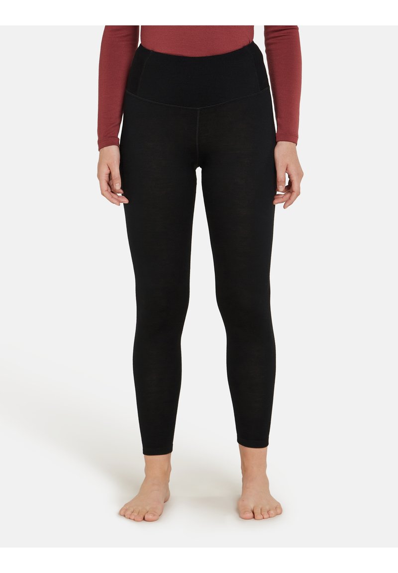Svarta leggings gjorda av ett stretchigt, texturerat tyg med en hög, bred elastisk midja. Designen är åtsittande och sträcker sig ner till anklarna.