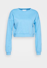 Cropped long-sleeve sweatshirt in light blue, made of soft material. Features a round neck and ribbed cuffs. Simple, solid color design.