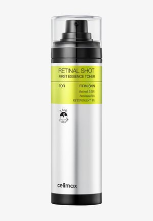 Un envase de bomba plateado de Celimax etiquetado como Retinal Shot First Essence Toner para piel firme, con tapa transparente y dosificador negro.