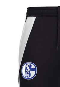 Zwarte joggers met een witte zijkant, voorzien van een blauw-wit logo op de dij. Gemaakt van een soepele, lichtgewicht stof.