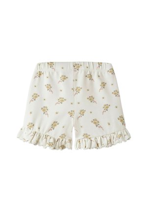 Kremowe szorty w żółte kwiatowe wzory z falbankami na krawędziach, z elastyczną talią zapewniającą wygodne dopasowanie.