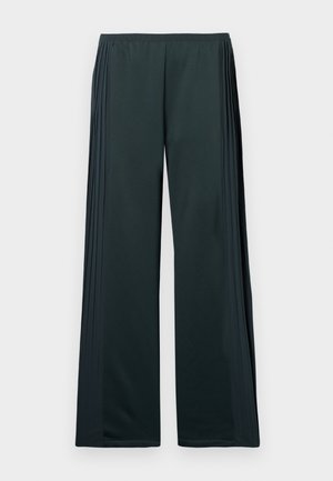 Mørkegrønne brede bukser lavet af glat stof, med lodrette pliséer langs siderne og elastisk talje for komfort.