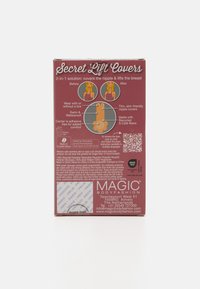 Red packaging for Secret Lift Covers featuring graphics, instructions, and text. Contains adhesive, made from recycled S.Café fibers. Waterproof.