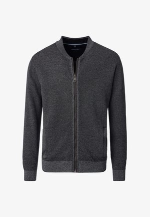 Donkergrijze, gestructureerde cardigan met rits, ronde kraag, geribbelde manchetten en zijzakken. Gemaakt van een zachte gebreide stof.