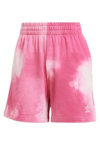 Pantaloni corti rosa tie-dye con vita elastica, caratterizzati da una texture morbida e dettagli bianchi, inclusa una piccola logo sul lato sinistro in basso.
