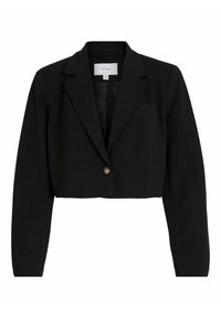 Černý croptop blazer s dlouhými rukávy, zapínáním na jeden knoflík, rovný střih, klopové límce a detail přední kapsy. Hladká textura látky.