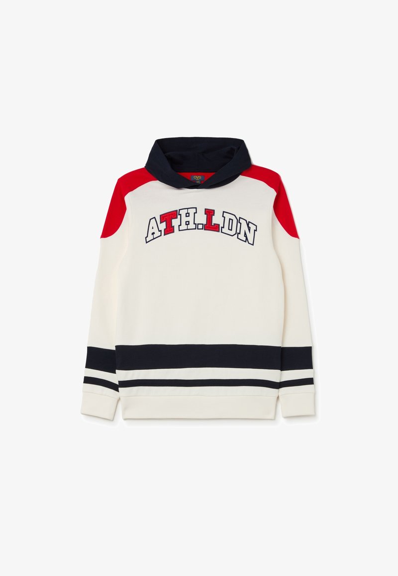 Creme hooded sweatshirt met rode schouderpanelen en marineblauwe accenten. Voorzien van "ATH.LDN" in het vet op de borst en gestreepte afwerking bij de mouwen.